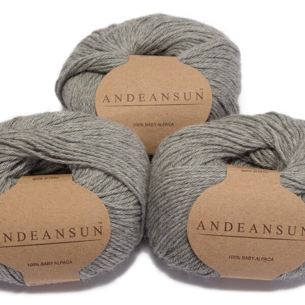 100% Baby Alpaca Yarn Skeins. Set of Three. Light Grey