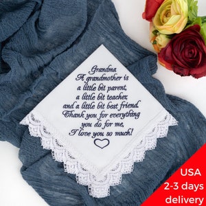 Grandmother wedding handkerchief and Grandfather wedding hankerchief from Bride on wedding day, Grandparents of the Bride, Embroidered Hanky