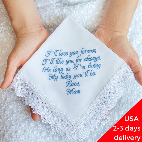 Bridal Handkerchief Something Blue For Bride Gift Wedding Handkerchief from Mom to Daughter I'll love you forewer