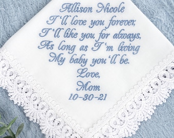 Personalized Wedding Handkerchief for Bride from Mom, Mother to Daughter Gift, Something Blue Hankie