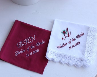 Parent of the Bride gift - wedding handkerchief, Burgundy wedding, Parent hankie