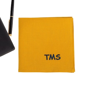 Linen pocket square initials, Groom gift from bride on wedding day, Monogrammed mens handkerchief