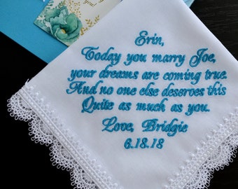 Gift for bride from maid of honor Bridal gift from bridesmaid Something blue for bride Personalized handkerchief Embroidered hankerchief