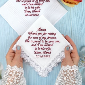 Parents of the groom handkerchief from Bride, Mother of the Groom,  Personalized embroidered wedding hankerchief, hankie, hanlies, burgundy