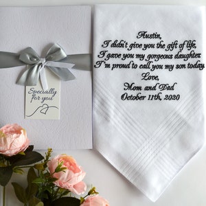 wedding gift for groom from brides parents - wedding gift for new son - groom handkerchief on wedding day - embroidered groom hankerchief