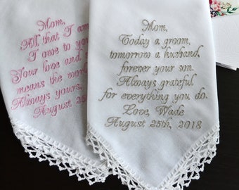 Wedding party gift handkerchief set, Mother son gift for parent, Mother of the Bride gift from daughter, Mother of the Groom gift from son