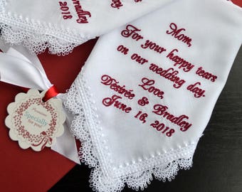 Set of 2 Mother of the Bride gift from daughter Mother of the groom gift from son Burgundy Wedding Handkerchief Embroidered Hankerchief