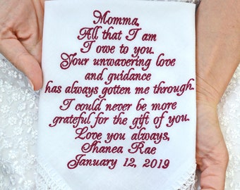 Mother of the bride gift from daughter Wedding handkerchief with custom poem personalized hankerchief bridal gifts for mom from daughter