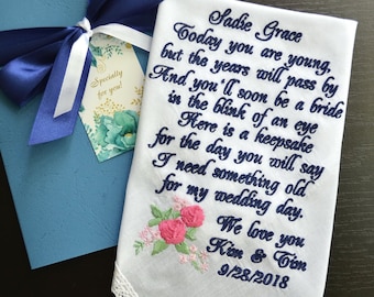 Flower Girl Gift Handkerchief, Embroidered Something Old Keepsake, Hankerchief from Bride Sentimental Poem