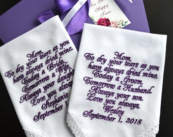 Wedding Handkerchief set Purple wedding hankerchief Mother of the Bride gift from daughter Mother of the Groom gift from son Mom gift llemio