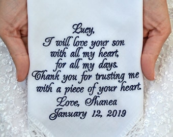 Mother of the Groom Gift, Future Mom in Law Hanky, Wedding Embroidered Handkerchief, Hankerchief