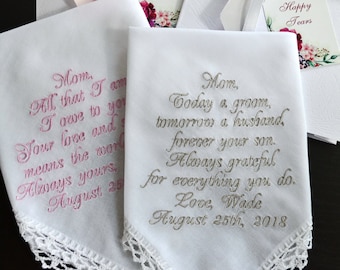 Wedding Handkerchief set Mother son gift for parent Mother of the Bride gift from daughter Mother of the Groom gift from son embroidered