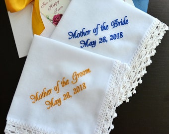 Wedding Handkerchief set gifts for parents gift for Mother of the bride Mother of the groom from daughter and son Mom Personalized hankie