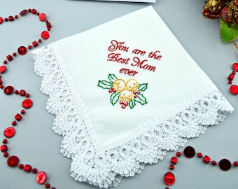Parent Christmas gift for Parents Mom Christmas gift for Mother Dad holiday decorations Father Holly berries gift Embroidered Handkerchief