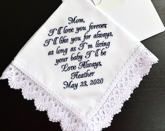 Mother of the Bride Handkerchief Embroidered Wedding Gift for Mom from Daughter Hankerchief Mom