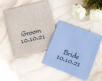 Gifts for couples, Something Blue for Bride, Groom hankie, Wedding date hankerchief, Embroidered wedding handkerchief linen