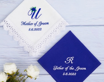 Mother of the Groom handkerchief. Father of the Groom hankerchief. Parent of the groom gift, Mother in law, Father on law hanky hankie royal