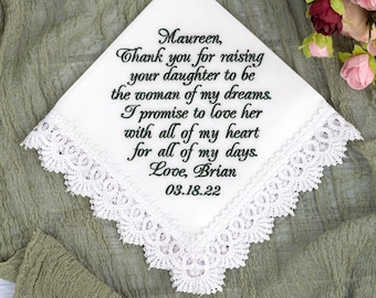 Mother of the Bride handkerchief from Groom, Parent in law hankerchiefs, Thank you for raising, Future mother in law hankerchief, hankies