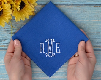 Personalized Linen Handkerchief, Monogrammed Embroidered Pocket Square, Royal Blue Kerchief, Mens Hanky, Groomsmen Gift