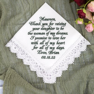 Mother of the Bride handkerchief from Groom, Parent in law hankerchiefs, Thank you for raising, Future mother in law hankerchief, hankies