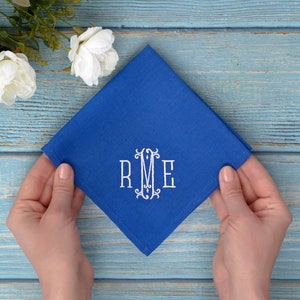Monogrammed Linen Handkerchief: Royal Blue Embroidered Pocket Square