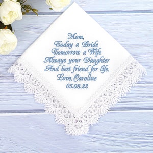 Mother of the Bride gift wedding handerchief - Embroidered hankies - Mom wedding gifts from daughter - Parents of the Bride Mum Hankerchief