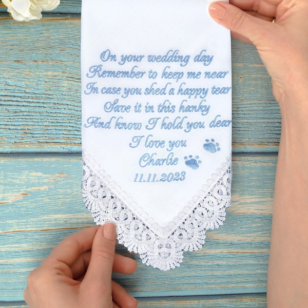 From your dog wedding handkerchief, Bride hakerchief from dog, Groom hankie from pet, Custom embroidered hanky from cat, Memorial gift