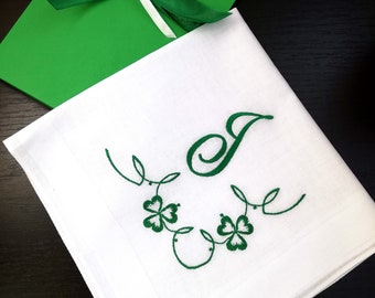 St Patricks Day Shamrock Handkerchief Irish Wedding Gift Four Leaf Clover Initial Good Luck