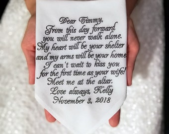 Wedding gift for Groom from Bride Personalized embroidered handkerchief remembrances poem hankies future husband Custom Wedding Vow Art