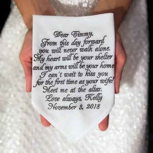 Wedding gift for Groom from Bride Personalized embroidered handkerchief remembrances poem hankies future husband Custom Wedding Vow Art