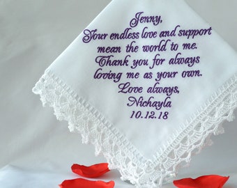 Step Mother of the Bride Gift, Bonus Mom Wedding Handkerchief, StepMom Hankerchief Second Mom