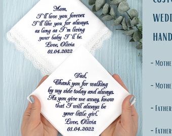Personalized Embroidered Wedding Handkerchief: Gift for Parents Mom and Dad of the Bride