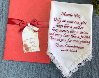 Aunt of the Bride Wedding Hanky - Personalized Embroidered Handkerchief  - Custom Wedding Keepsake Gift