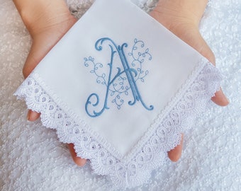 Personalized gifts for her Monogrammed Handkerchief Ladies Something Blue for Bride Bridal Party Embroidered Initials Hanky Valentines Days