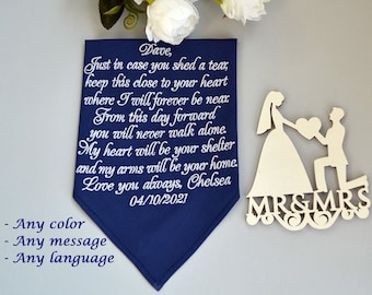 embroidered grooms handkerchief from bride Groom Gifts on wedding day Grooms wedding vows Fiance hankerchief Future Husband poem navy blue