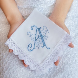 Personalized gifts for her Monogrammed Handkerchief Ladies Something Blue for Bride Bridal Party Embroidered Initials Hanky Valentines Days