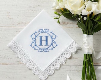 Personalized Monogram Initial Wedding Handkerchief for Bride, White Cotton Hanky with Lace Edge