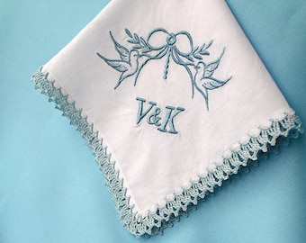 Embroidered hankie, monogrammed hanky, Personalized wedding gift her, Gift for couple wedding handkerchief Something Blue gifts for couple
