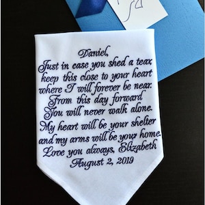 Groom Gifts from Bride on Wedding Day Grooms handkerchief Custom Wedding Vow Art Fiance hankerchief Future Husband poem vows hankie image 3