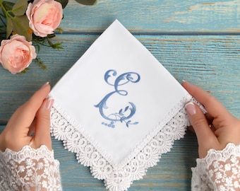Something Blue Handkerchief, Monogrammed Wedding Bridal Hankerchief, Embroidered Cotton Bride to Be Hanky