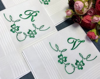 St. Patrick's Day Shamrock Handkerchief - Irish Wedding Gift with Four Leaf Clover Initial, Dad's Irish Gift, Good Luck Embroidery Hanky