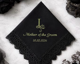 Gothic Mother of the Groom Handkerchief, Personalized Black Cotton Lace Hankie, Custom Embroidered Wedding Keepsake