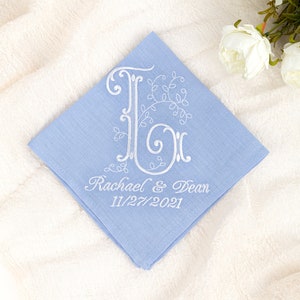 Embroidered handkerchief, Something blue for bride , Monogram handkerchief, Monogrammed Linen Bridal Hankerchief, Ladies Initials Hanky