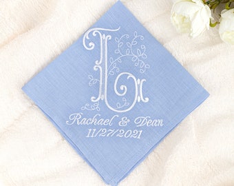 Embroidered handkerchief, Something blue for bride , Monogram handkerchief, Monogrammed Linen Bridal Hankerchief, Ladies Initials Hanky