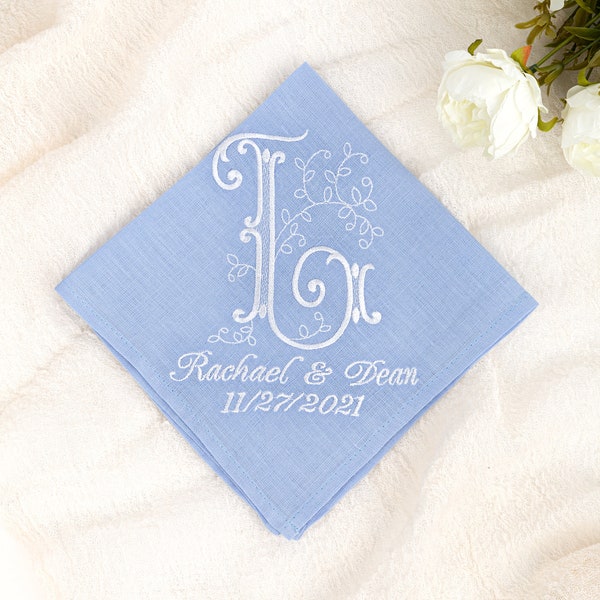 Embroidered handkerchief, Something blue for bride , Monogram handkerchief, Monogrammed Linen Bridal Hankerchief, Ladies Initials Hanky