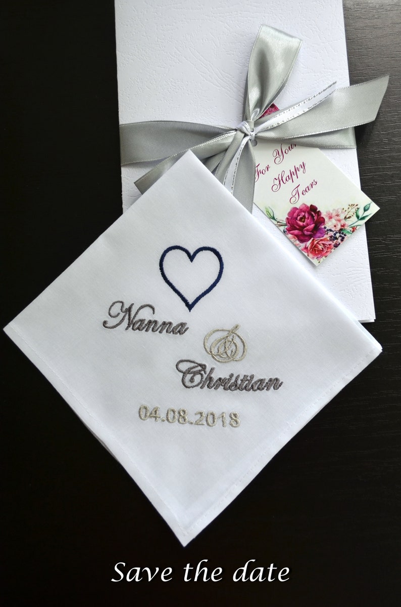 Wedding Handkerchief set gifts for parents gift for Mother and Father of the bride from daughter Mom Dad Personalized hankie Save the date image 9