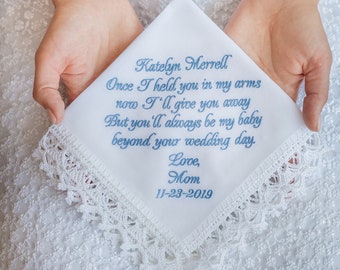Something Blue Daughter Wedding Handkerchief, New for Bride from Mom, Bridal Sentimental Rustic Heirloom