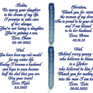 May include: Four blue and white cards with text in a cursive font. The cards are for a groom and father of the groom. The text on the cards includes messages of love and congratulations. The cards are dated with the year 2022.