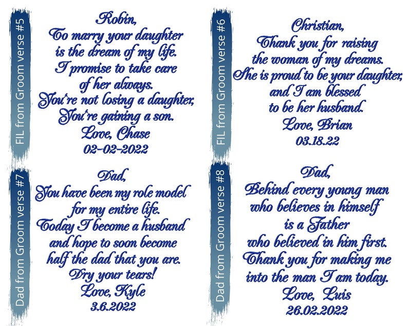 May include: Four blue and white cards with text in a cursive font. The cards are for a groom and father of the groom. The text on the cards includes messages of love and congratulations. The cards are dated with the year 2022.