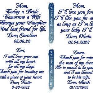 May include: Four blue and white cards with handwritten messages for a bride and her mother, mother-in-law, and sister-in-law. The messages include the text "Mom, Today a Bride Tomorrow a Wife", "Mom, I'll love you forever", "Lori, I will love your son", and "Laura, Thank you for raising the man of my dreams".